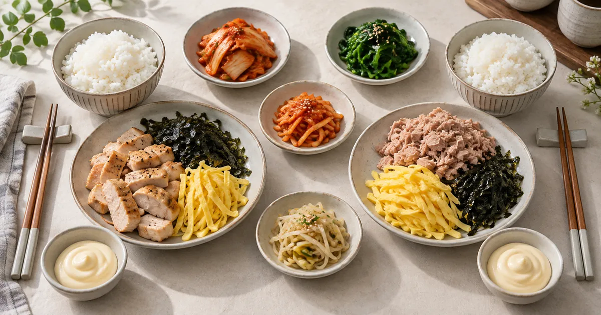 치킨마요와 참치마요 덮밥 재료를 밥과 고명, 마요소스로 나누어 비교한 점심 상차림