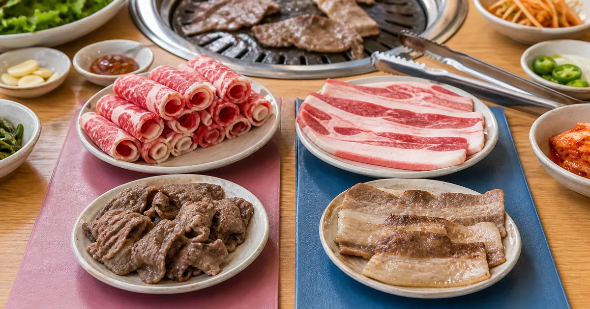 얇은 차돌박이와 지방층이 보이는 우삼겹을 접시별로 비교한 소고기 구이 장면