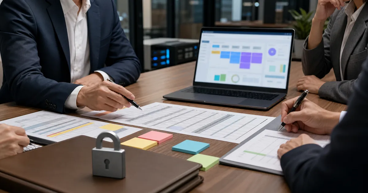 CRM 솔루션 비용 산정을 위한 영업 운영 회의와 CRM 예산 검토 장면