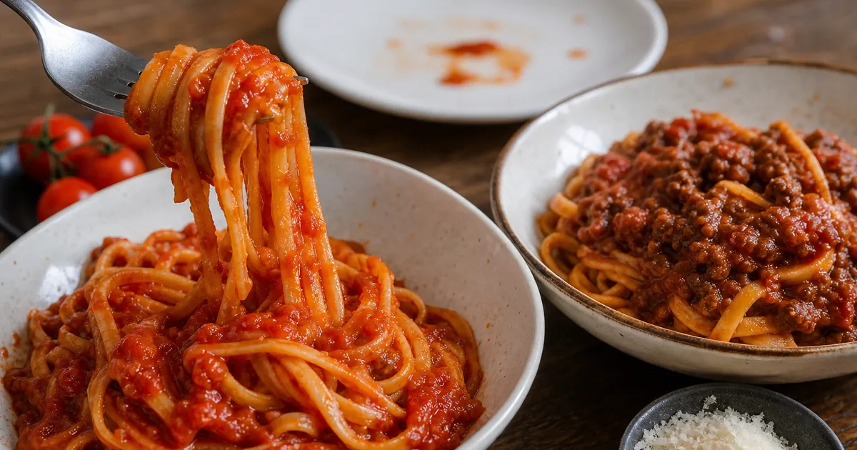 토마토파스타와 미트소스파스타를 가까이 두고 토마토 산미와 고기 소스 질감 차이를 보여주는 점심 상차림