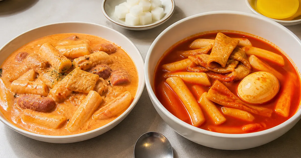 로제떡볶이와 국물떡볶이를 한 상에 놓고 크림 농도와 빨간 국물 차이를 비교한 분식 점심 상차림