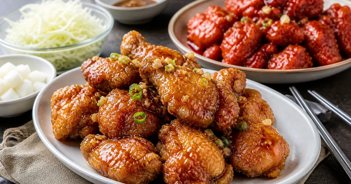 갈색 간장치킨과 빨간 양념치킨의 소스 질감과 바삭함을 가까이서 비교한 치킨 접시