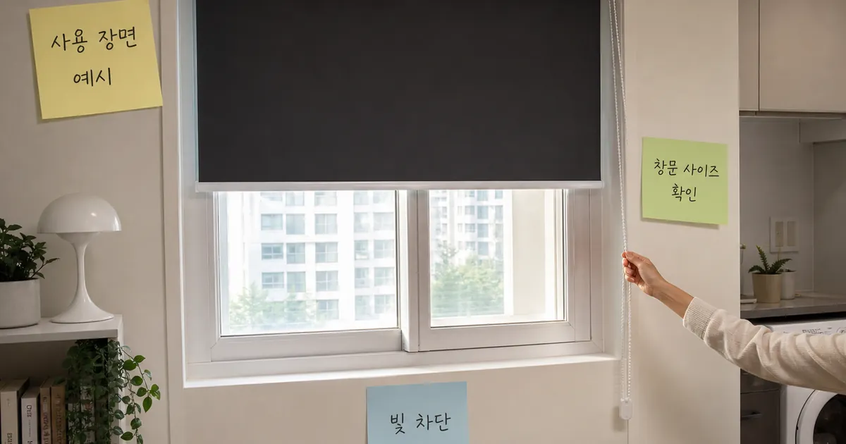 무타공 암막 블라인드를 원룸 창문에 설치하고 줄을 조절하는 사용 장면 예시