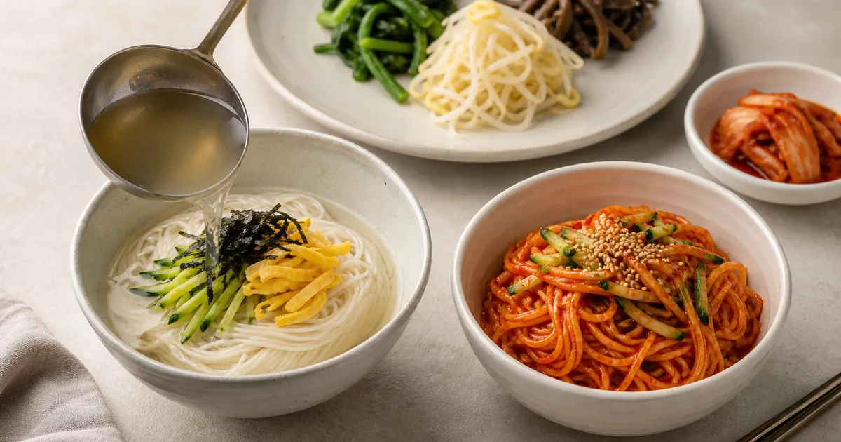 잔치국수의 맑은 멸치육수와 비빔국수의 붉은 양념장을 나란히 비교한 국수 점심 상차림