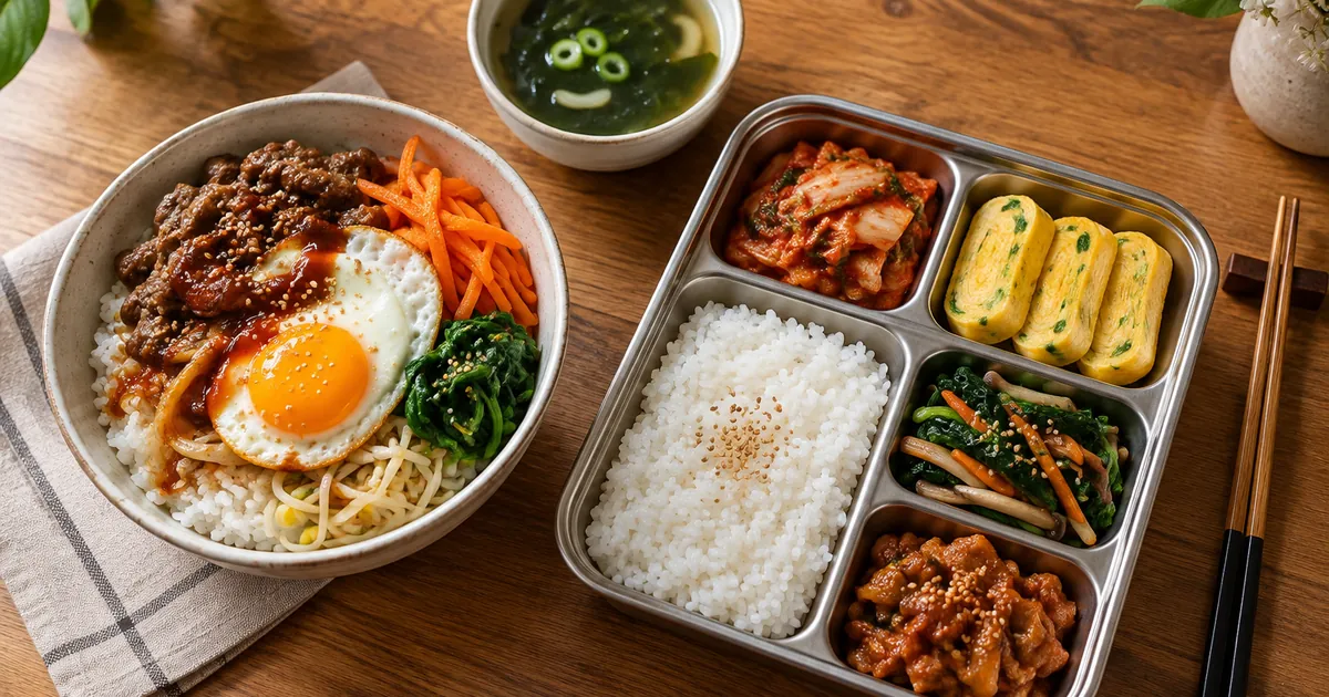 컵밥 그릇과 칸이 나뉜 도시락 반찬 구성을 한눈에 비교한 점심 상차림
