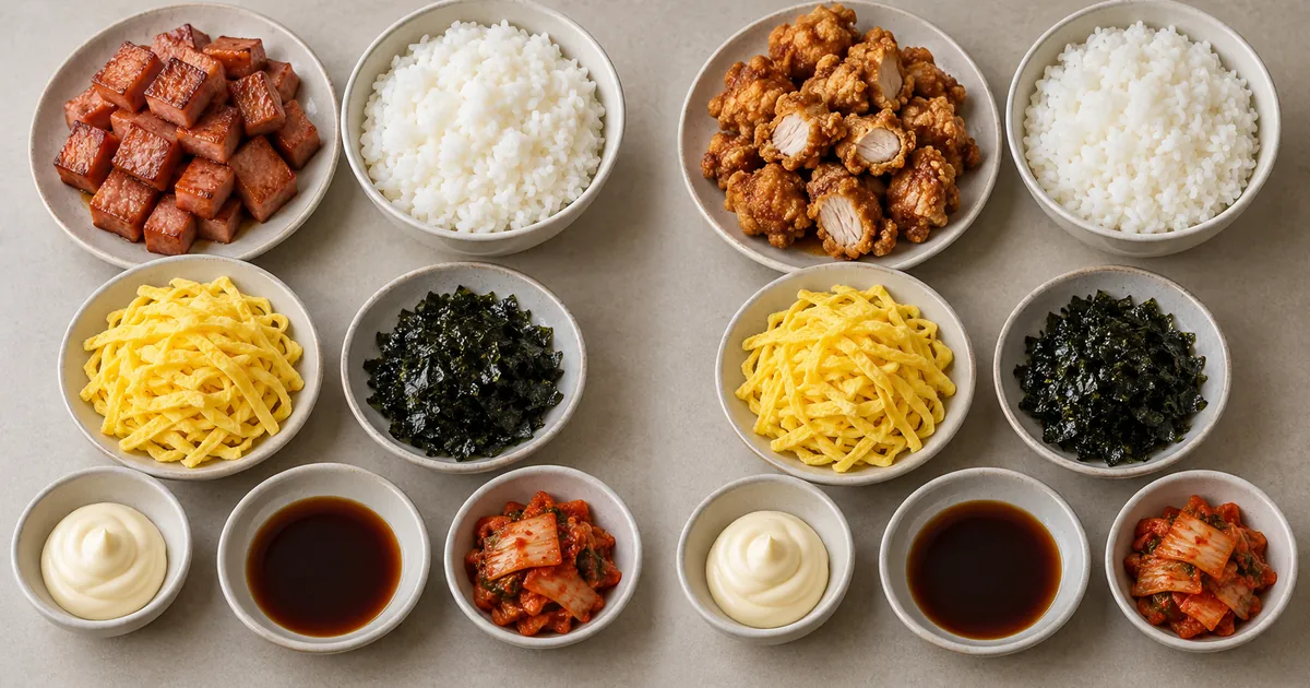 스팸마요 재료와 치킨마요 재료를 작은 접시에 나눠 놓고 덮밥 차이를 보여주는 비교 테이블