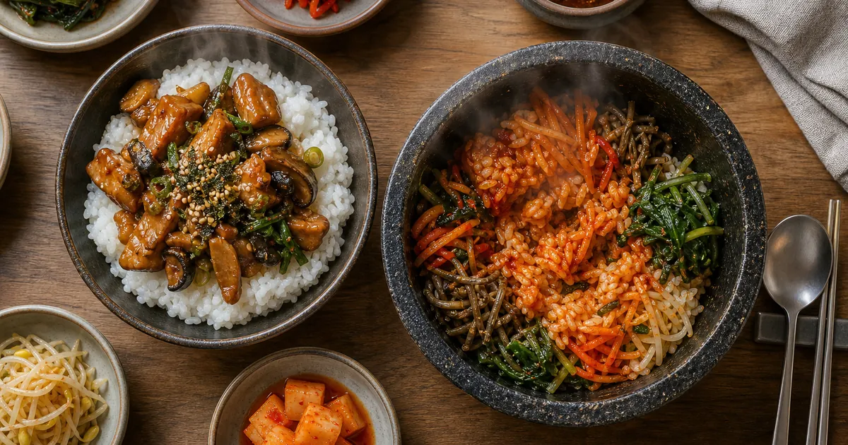 소스를 얹은 덮밥과 채소를 비벼 먹는 비빔밥을 나란히 놓고 한 그릇 식사 방식을 비교한 점심 상차림