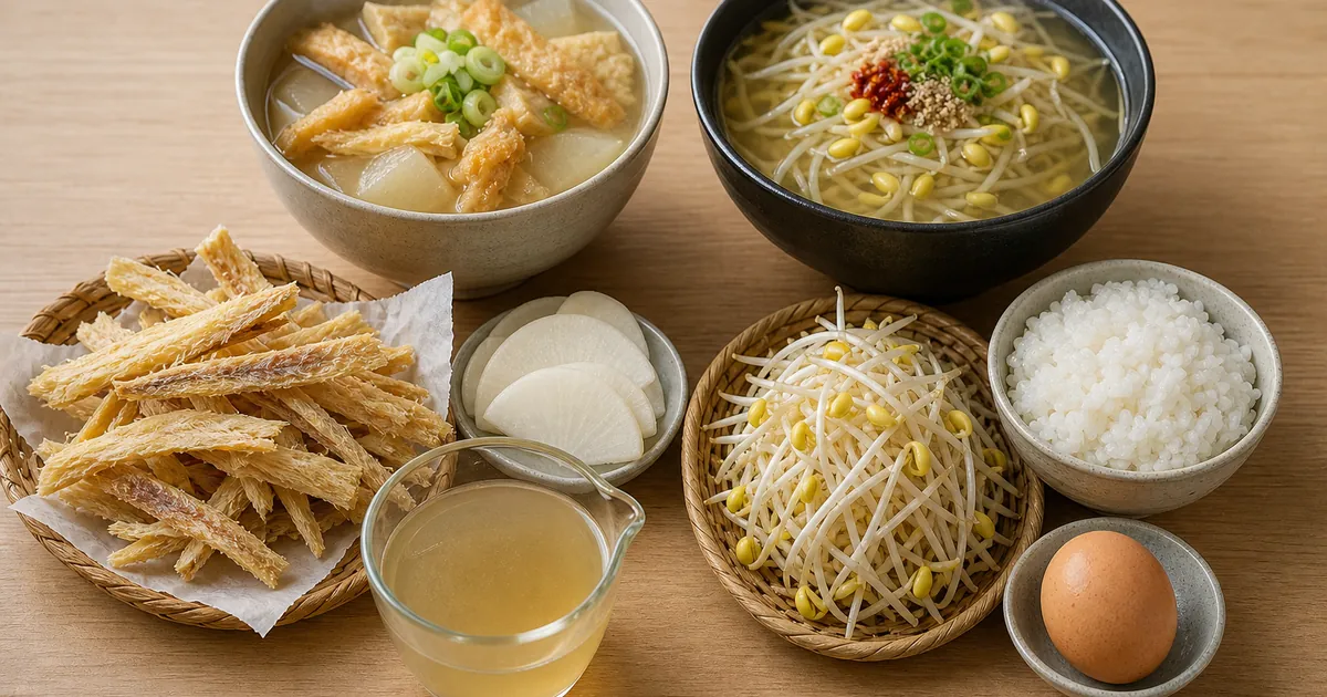 황태해장국과 콩나물국밥 재료와 완성 그릇을 나란히 비교한 점심 상차림