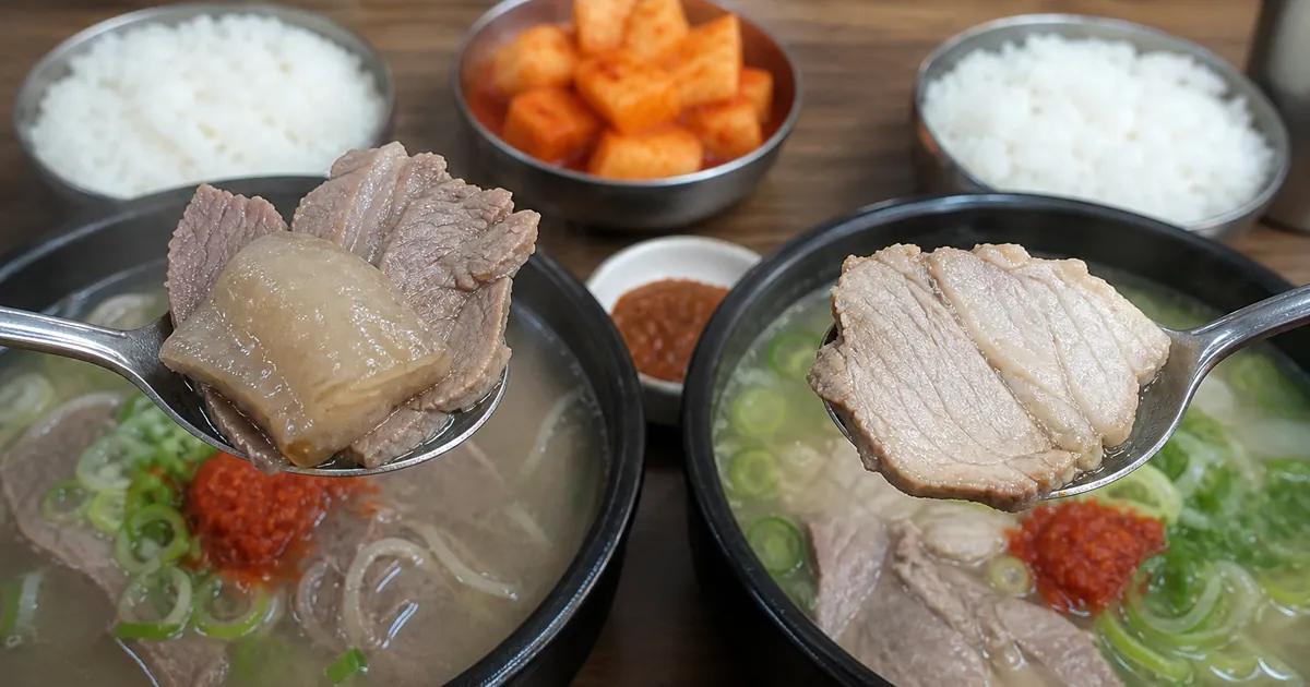 소머리국밥의 쫀득한 머릿고기와 돼지국밥의 부드러운 돼지고기 식감을 숟가락으로 비교한 한식 국밥 상차림