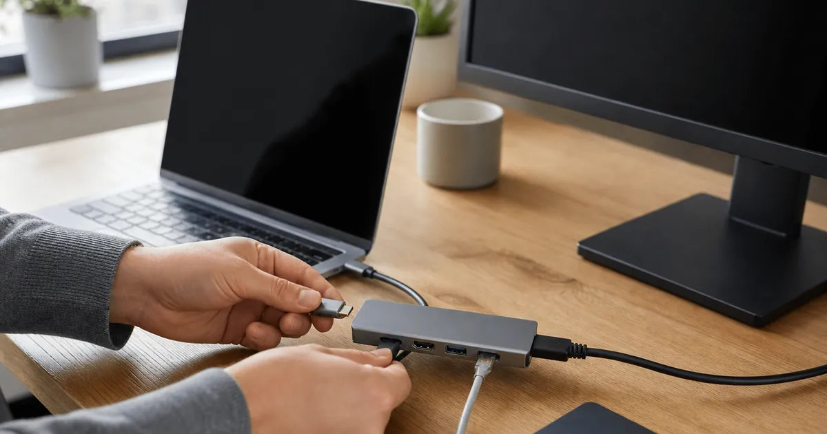 책상 위 노트북에 C타입 멀티허브와 HDMI 케이블을 연결한 사용 장면 예시