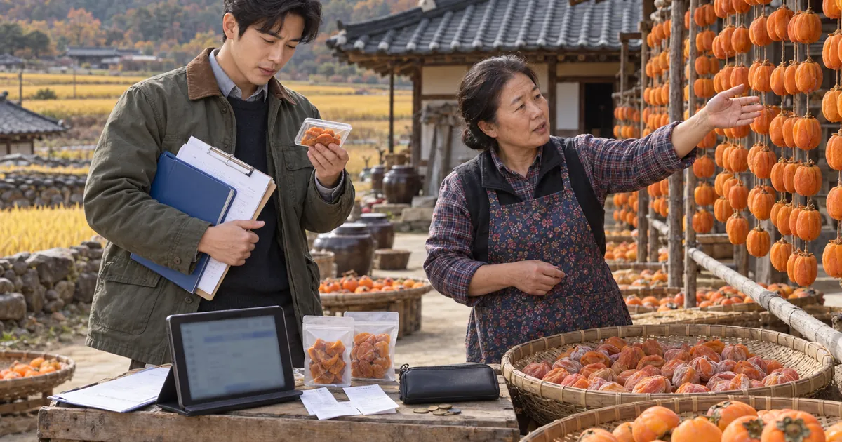 전남 지역 농산물 시제품과 조사자료를 살피는 한국 청년 창업팀의 지역자원 조사 장면