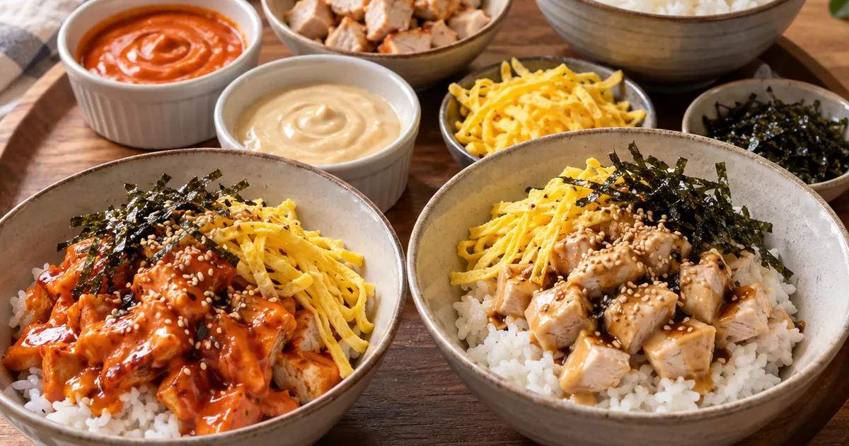 불닭마요의 매운 붉은 소스와 치킨마요의 부드러운 마요 소스를 재료별로 비교한 덮밥 준비 장면