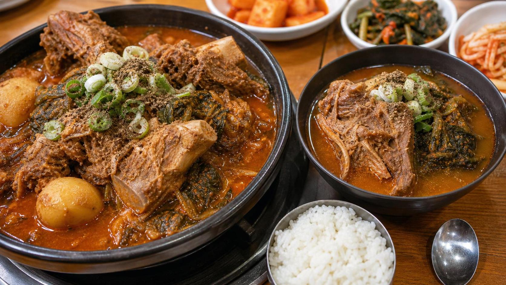 감자탕과 뼈해장국을 함께 비교한 한식 점심 상차림