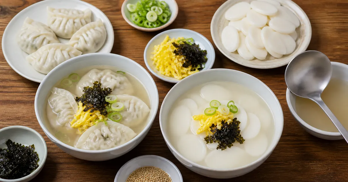만둣국과 떡국 완성 그릇과 만두, 가래떡 재료를 나란히 비교한 한식 점심 상차림