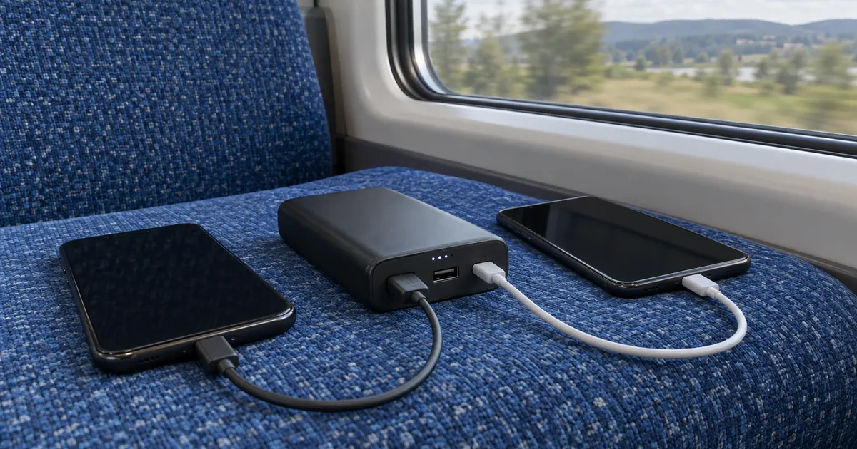 열차 좌석에서 보조배터리의 USB 출력 단자와 휴대폰 충전 케이블을 비교하는 장면