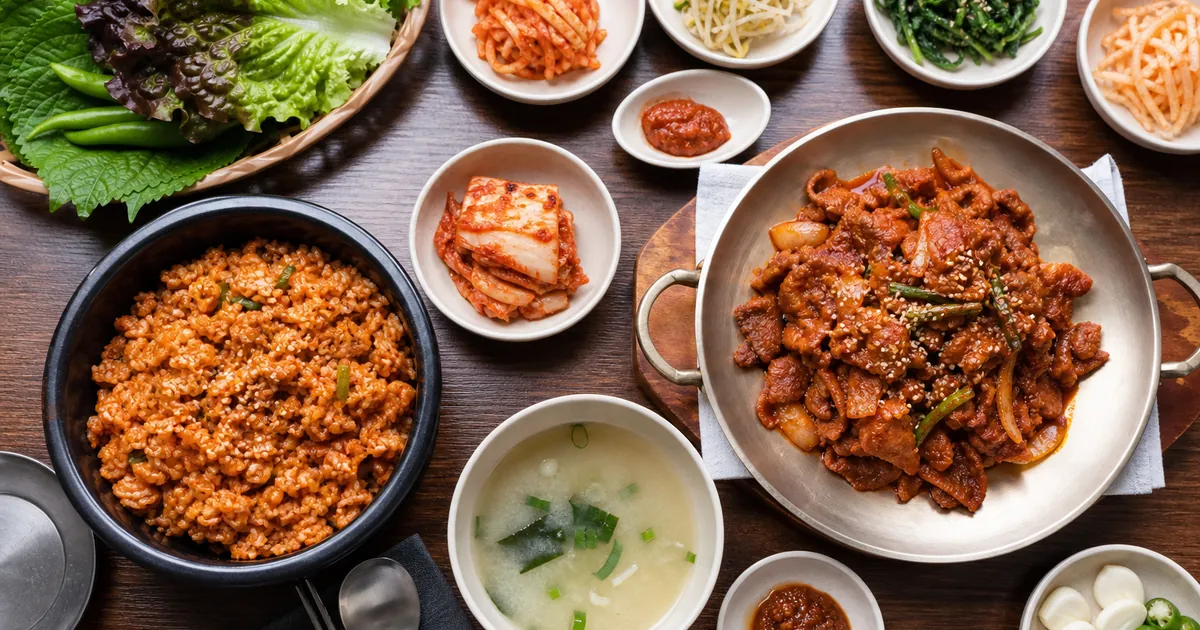 밥 위에 양념 제육을 올린 제육덮밥과 철판에 따로 담은 제육볶음을 비교한 한식 점심 상차림